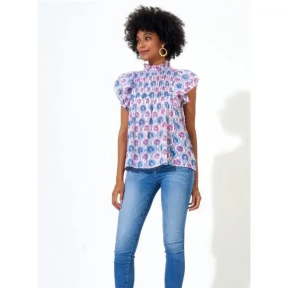 Oliphant Tops - Oliphant Top Pintuck Ruffle Top Iris Blue size XS Cotton lightweight New